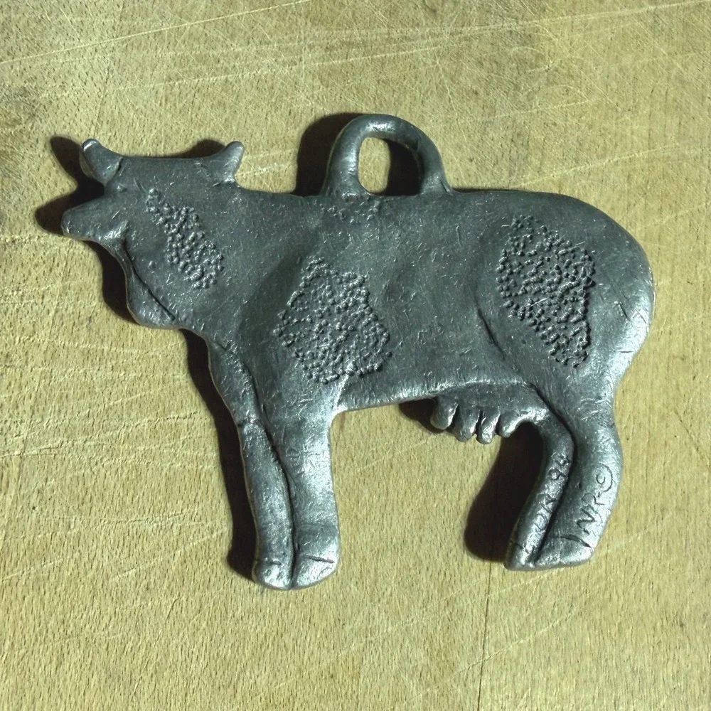 Artist Signed NR DR 94 Cow Pendant Charm Silver Pewter Holstein Farm Animal Gift